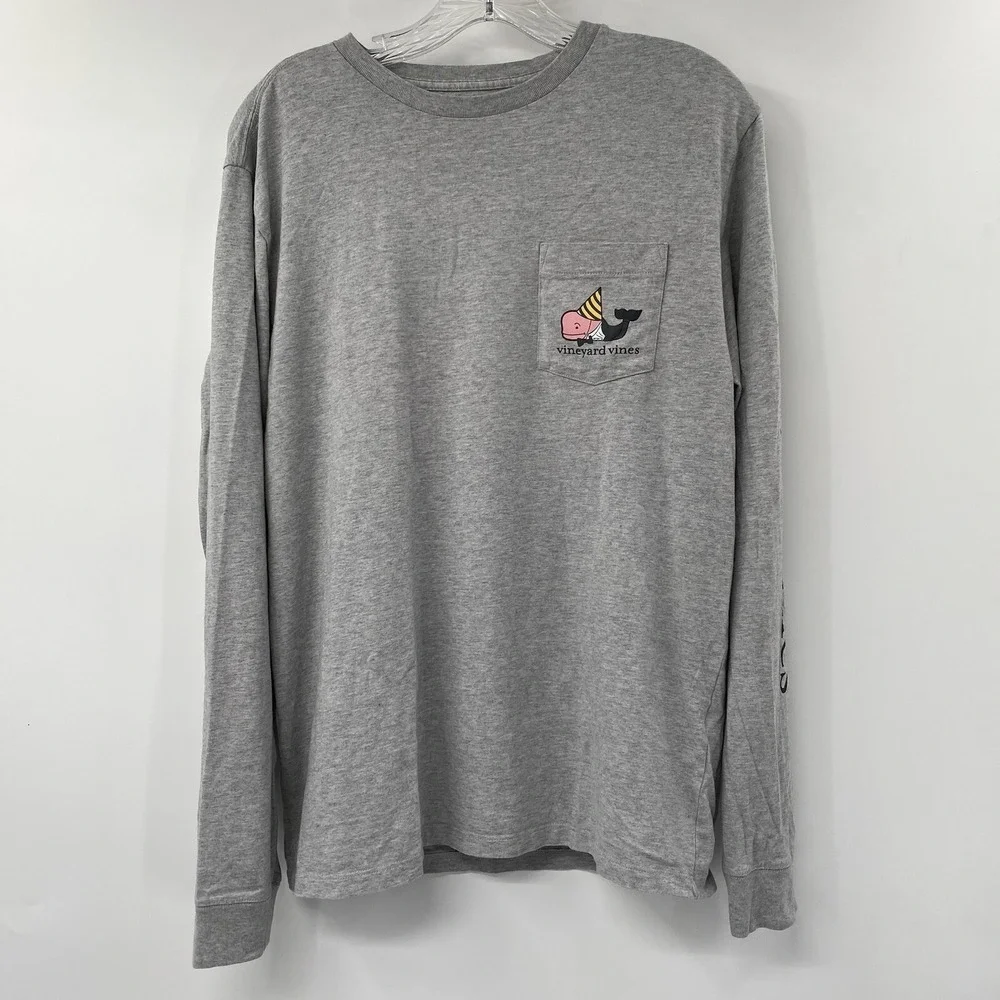 Vineyard Vines T-Shirt Men Small Gray Party Whale Pocket Long Sleeve Graphic Tee - Picture 2 of 5